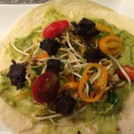 Tortilla mit Guacamole und Tofuwürfel